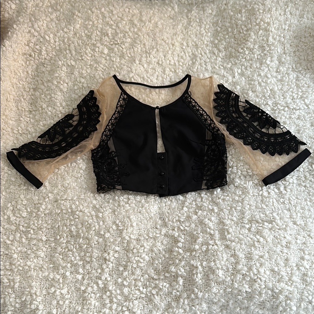 Black Crop Blouse with Ruffled Sheer Sleeves